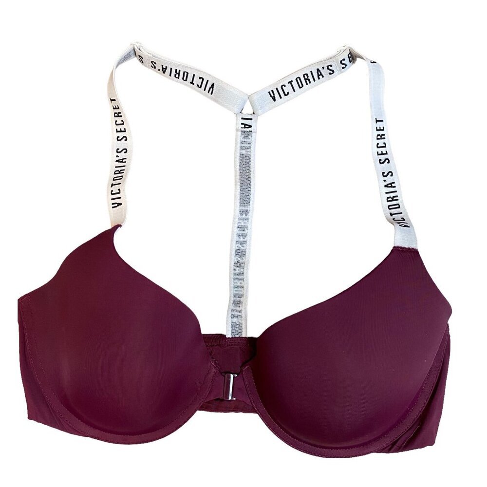 Victoria's Secret T-Shirt Lightly Lined Demi Bra Sz 34D Maroon Spell Out Straps